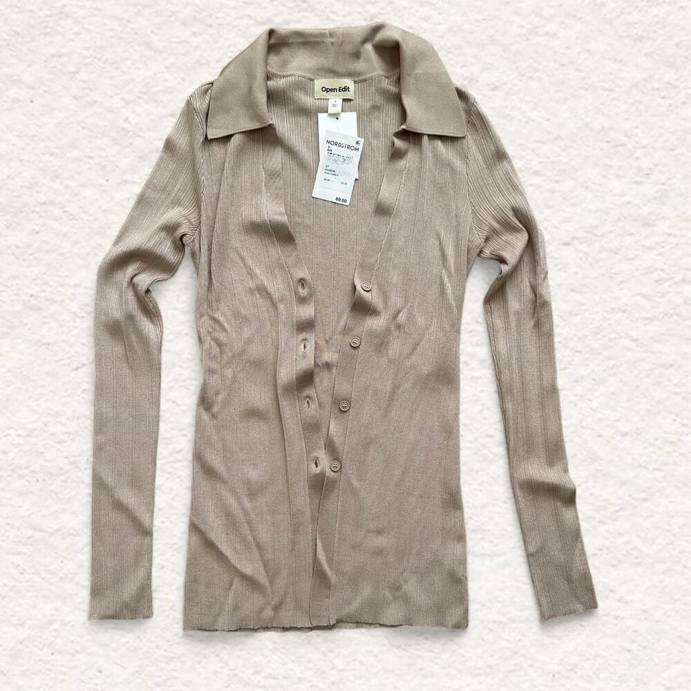 Open Edit Beige Ribbed Button Up Cardigan XS NWT